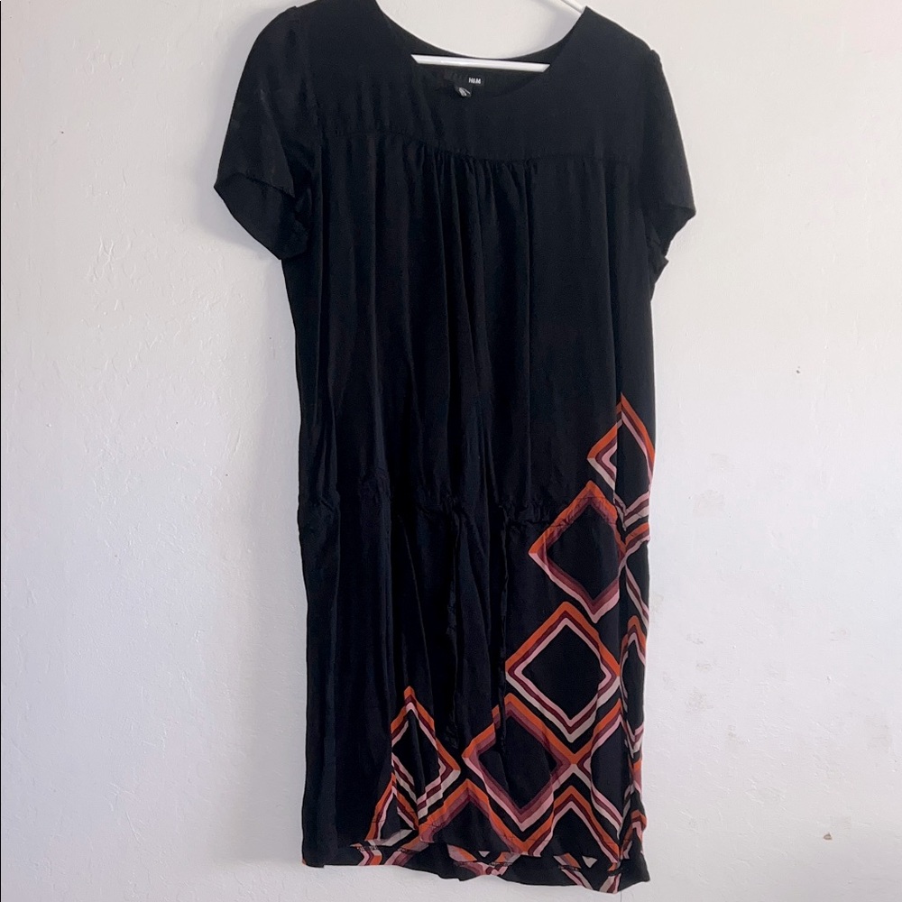 H&M Black Midi Dress with Orange Geometric Pattern